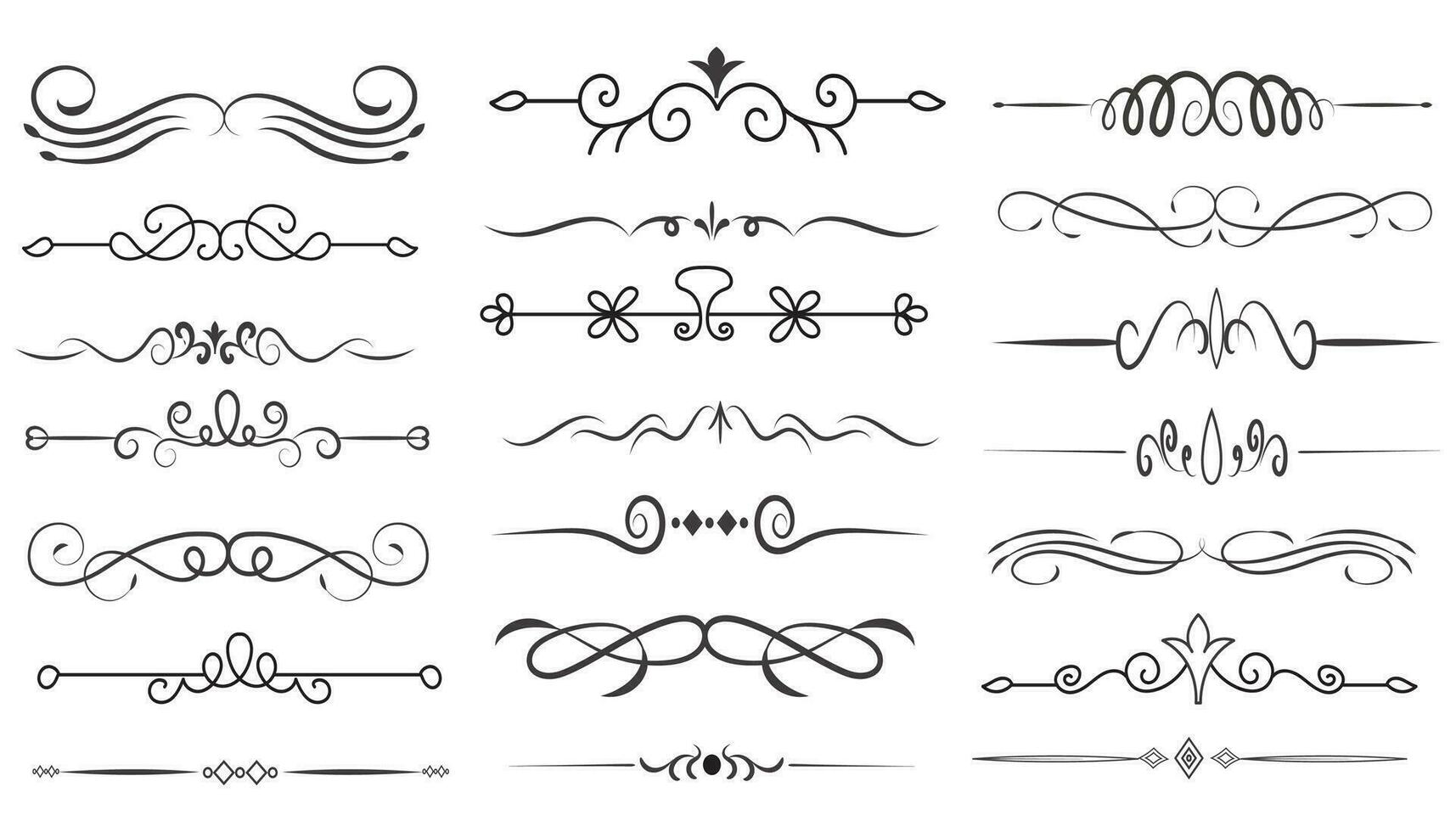 Page Divider And Design Elements. Set of Various Simple Black Divider Design, Assorted Divider Collection Template Vector. Collection of floral dividers elements mega decoration for Calligraphy. vector