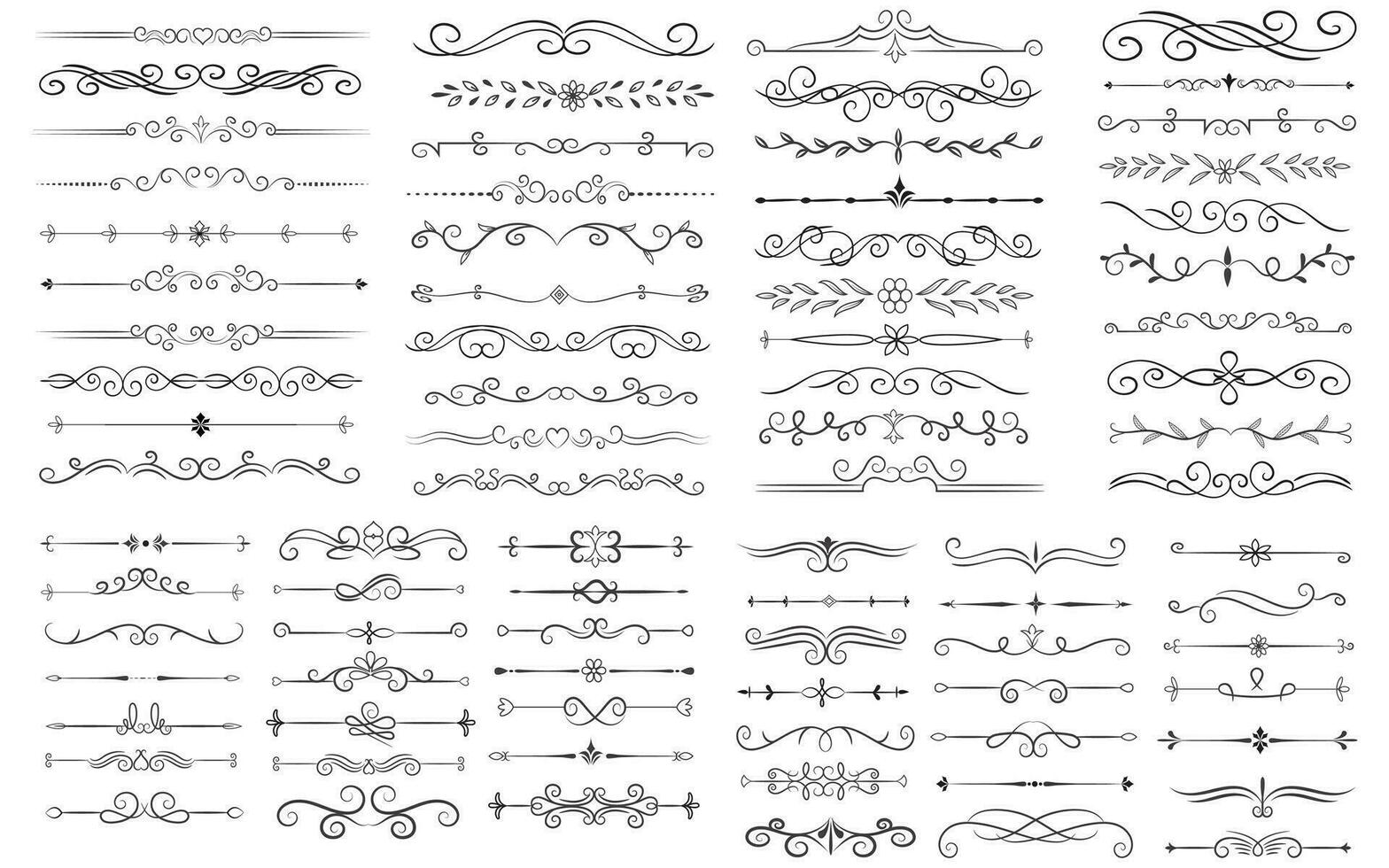 Page Divider And Design Elements. Set of Various Simple Black Divider Design, Assorted Divider Collection Template Vector. Collection of floral dividers elements mega decoration for Calligraphy. vector