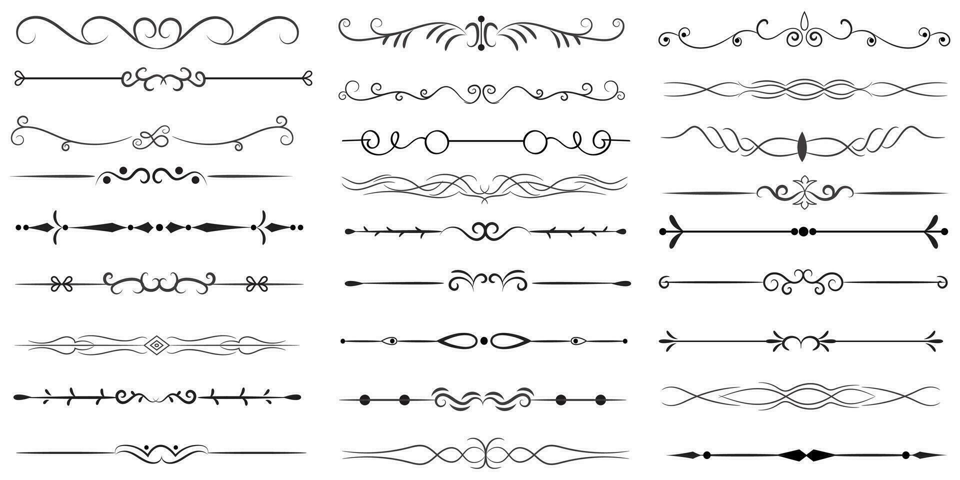 Page Divider And Design Elements. Set of Various Simple Black Divider Design, Assorted Divider Collection Template Vector. Collection of floral dividers elements mega decoration for Calligraphy. vector