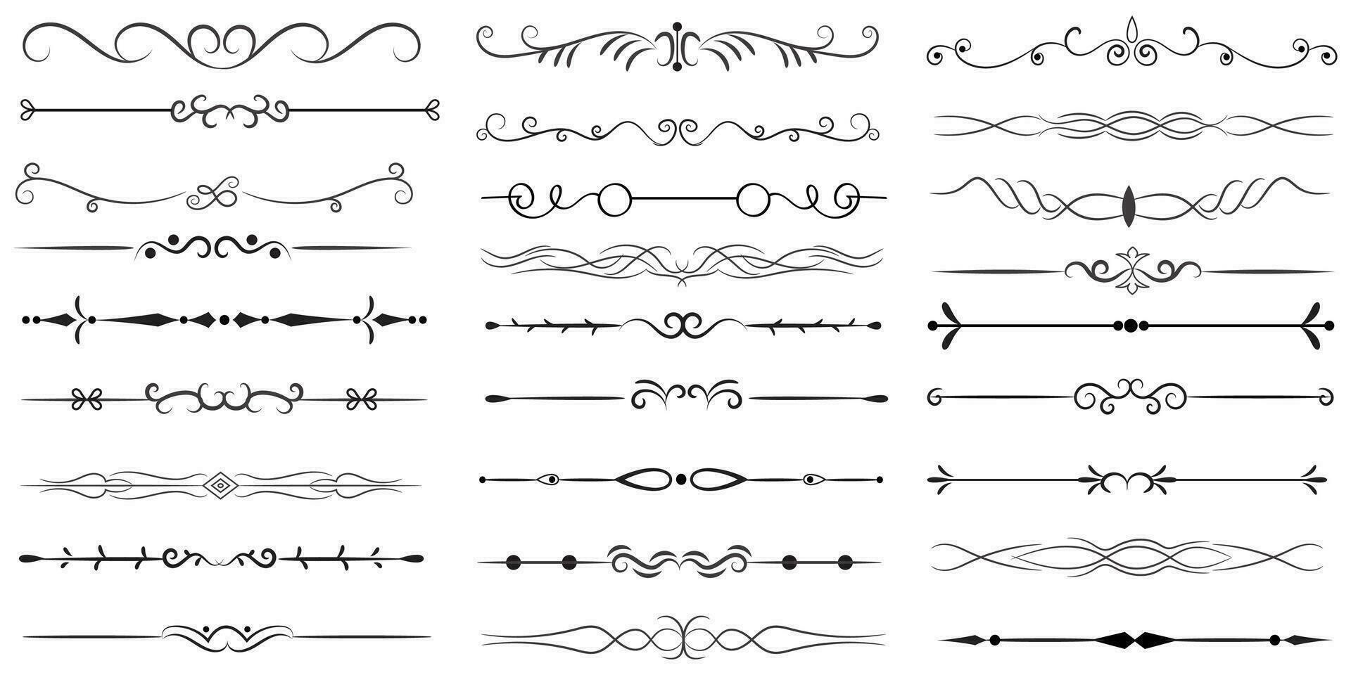 Page Divider And Design Elements. Set of Various Simple Black Divider Design, Assorted Divider Collection Template Vector. Collection of floral dividers elements mega decoration for Calligraphy. vector