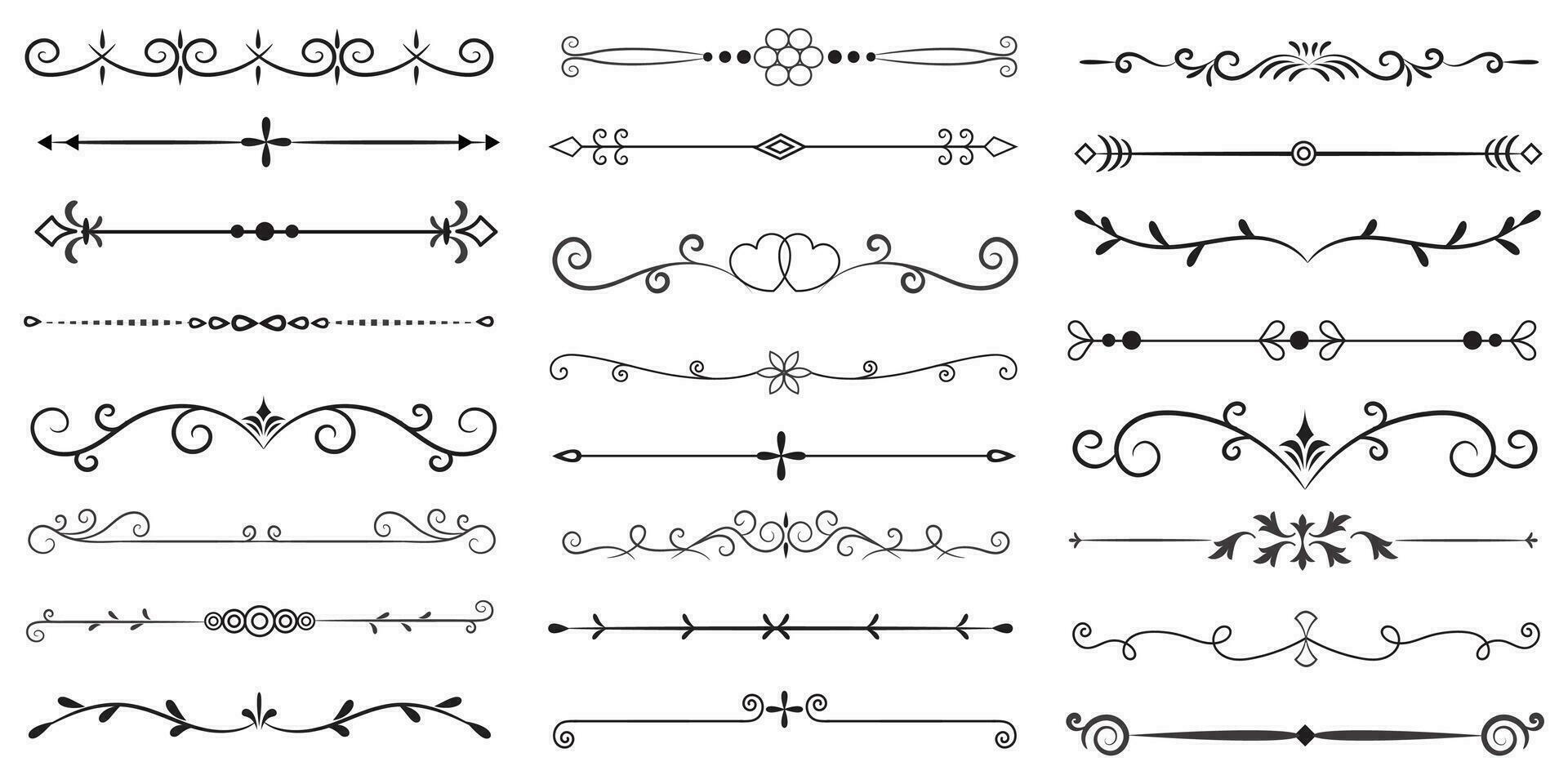 Page Divider And Design Elements. Set of Various Simple Black Divider Design, Assorted Divider Collection Template Vector. Collection of floral dividers elements mega decoration for Calligraphy. vector