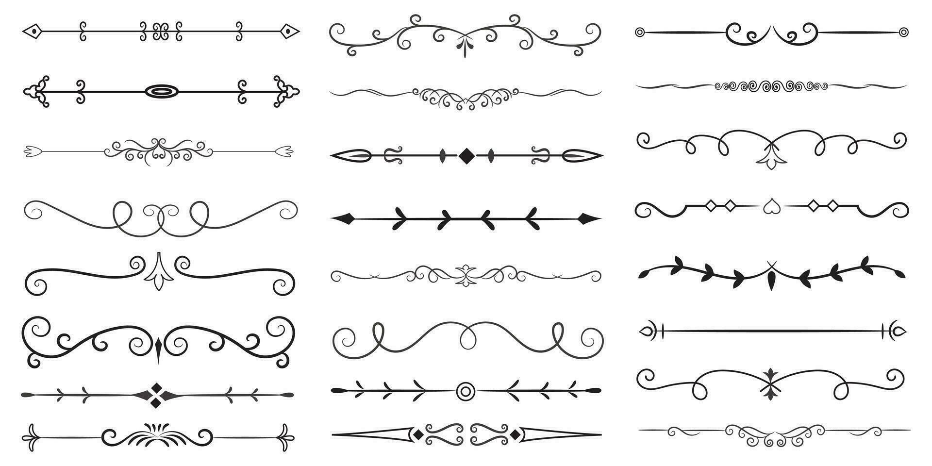 Page Divider And Design Elements. Set of Various Simple Black Divider Design, Assorted Divider Collection Template Vector. Collection of floral dividers elements mega decoration for Calligraphy. vector