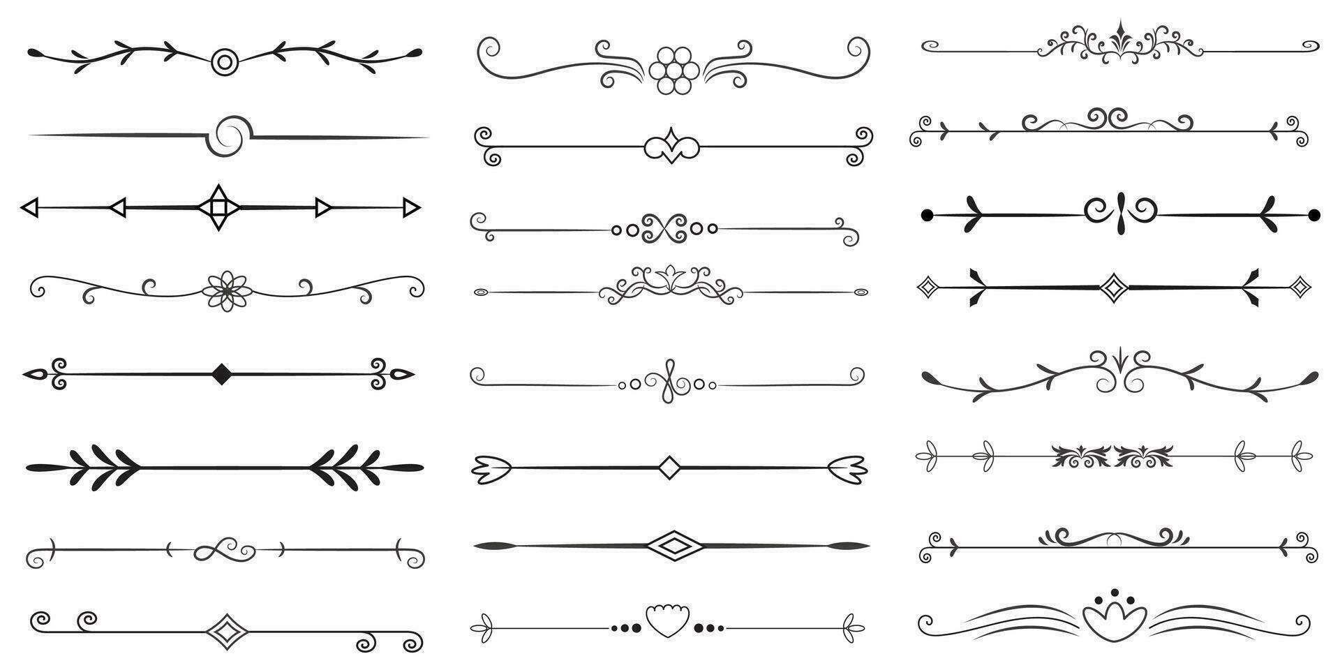 Page Divider And Design Elements. Set of Various Simple Black Divider Design, Assorted Divider Collection Template Vector. Collection of floral dividers elements mega decoration for Calligraphy. vector