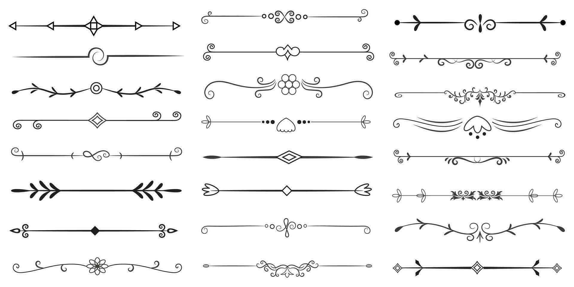 Page Divider And Design Elements. Set of Various Simple Black Divider Design, Assorted Divider Collection Template Vector. Collection of floral dividers elements mega decoration for Calligraphy. vector