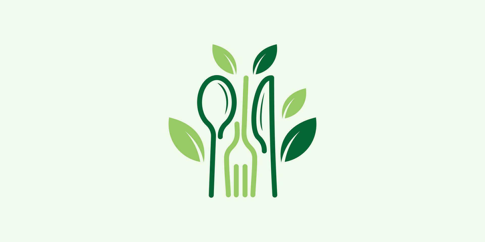 health eating logo design with a combination of spoon and fork shapes with leaves. vector