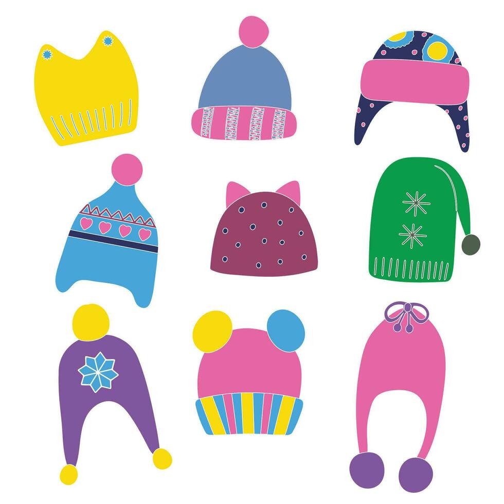 Set of winter children's hats. Hello winter. Flat vector illustration. Design elements