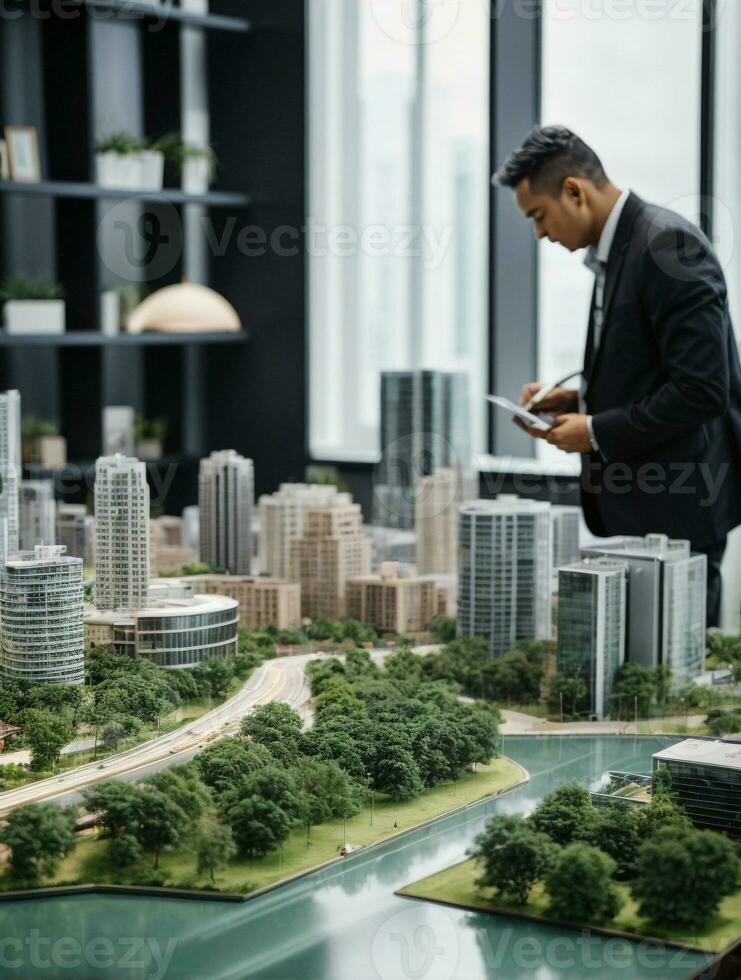 Complex scale model on the table, real estate developers, architects and businessmen team working on new business buildings project in office. photo