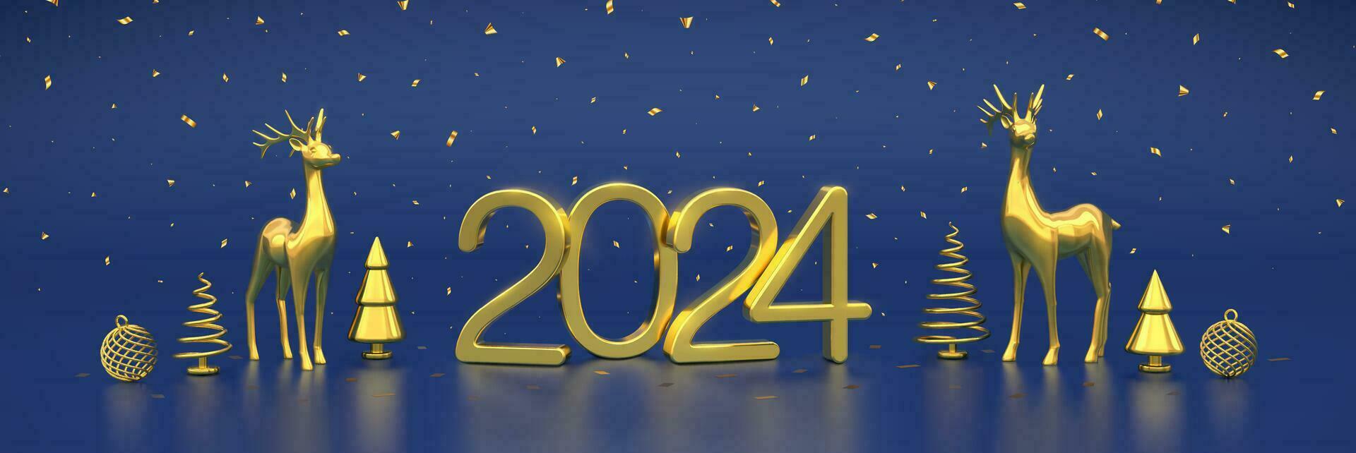 contento nuevo 2024 año. dorado metálico números 2024 con oro ciervos, regalo cajas, dorado metálico pino o abeto, cono forma abeto árboles, brillante pelotas y papel picado en azul antecedentes. vector ilustración.