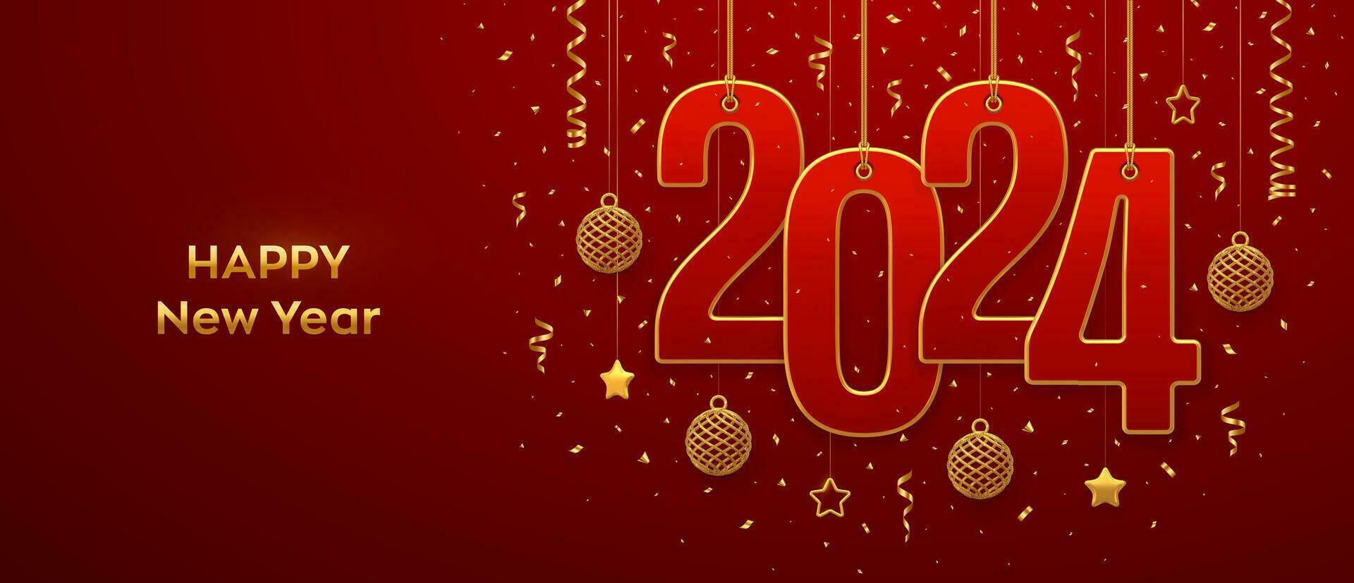 Happy New 2024 Year. Hanging on gold ropes numbers 2024 with shining 3D metallic stars, balls and confetti on red background. New Year greeting card, banner template. Realistic Vector illustration.