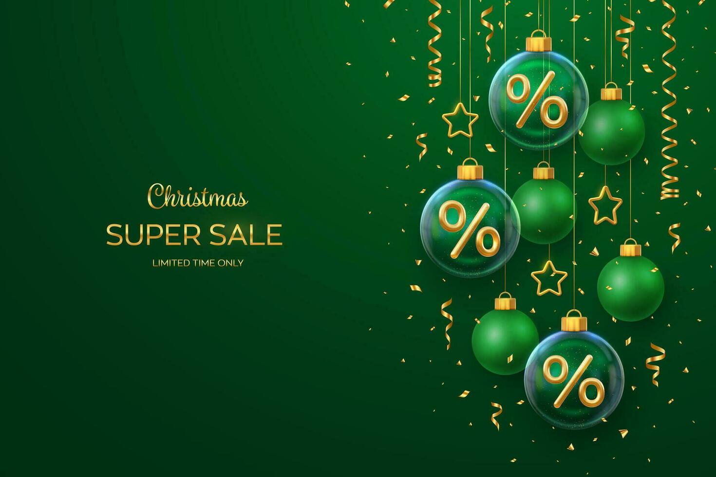 Christmas sale banner design. Golden 3D Percentage symbol in a transparent glass ball. Green background with hanging gold stars, balls, falling confetti. Advertising poster, flyer. Vector illustration