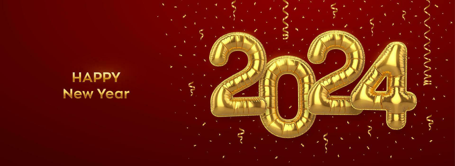 Happy New 2024 Year. Golden foil balloon numbers on red background. High detailed 3D realistic gold foil helium balloons. Merry Christmas and Happy New Year 2024 greeting card. Vector illustration.