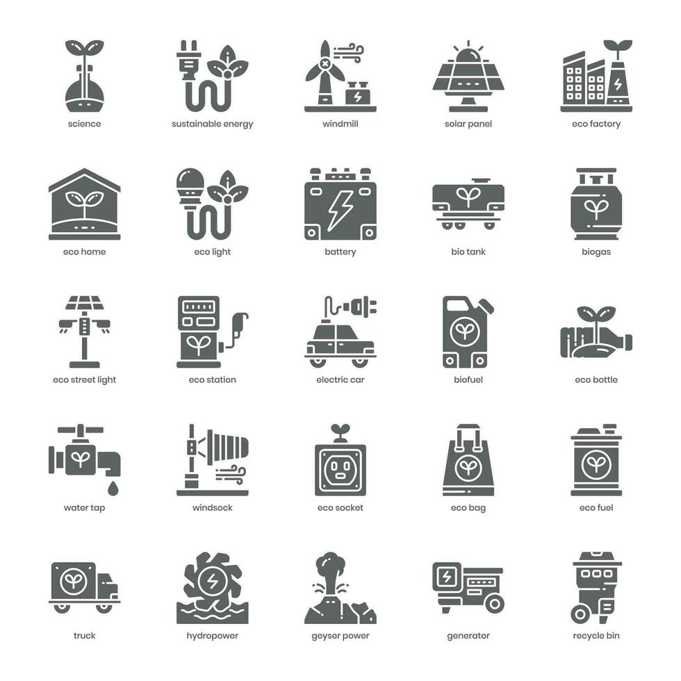 Sustainable Energy icon pack for your website design, logo, app, and user interface. Sustainable Energy icon glyph design. Vector graphics illustration and editable stroke.
