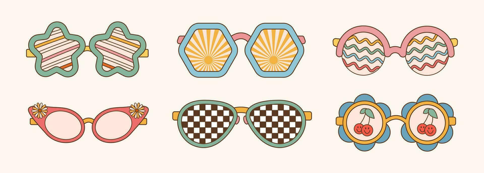 Gafas de sol conjunto en retro maravilloso hippie estilo. diferente formas estrellas, flores vector ilustración 70s Años 80