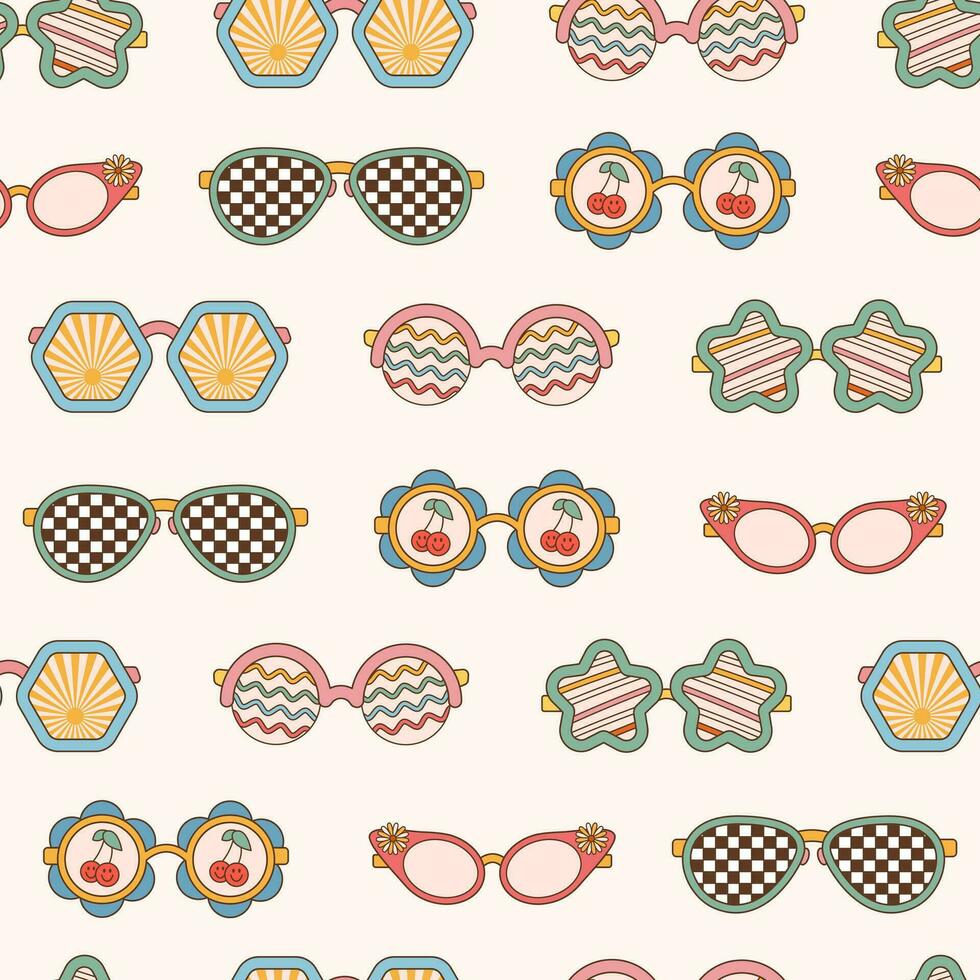 Sunglasses seamless pattern in retro groovy hippie style. Vector illustration 70s 80s