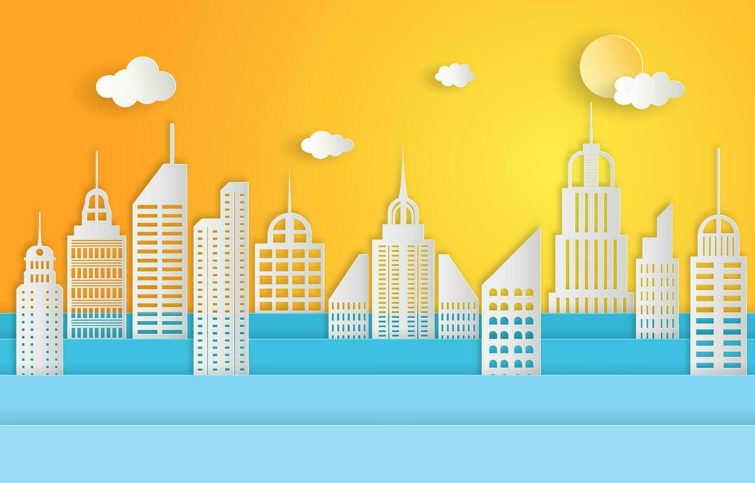 Paper art style of flooded buildings with warm background, global warming and rising sea level concept, vector and illustration.