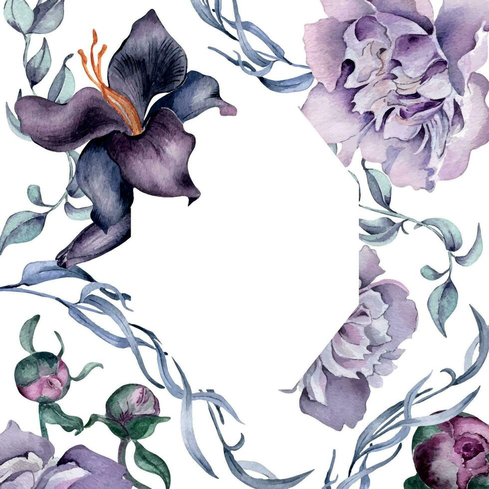 acuarela marco de púrpura rosado peonía flores aislado en blanco. gótico floral botánico lirio ilustración mano dibujado. gótico Boda decoración en Clásico estilo. elemento para invitación, fondo vector