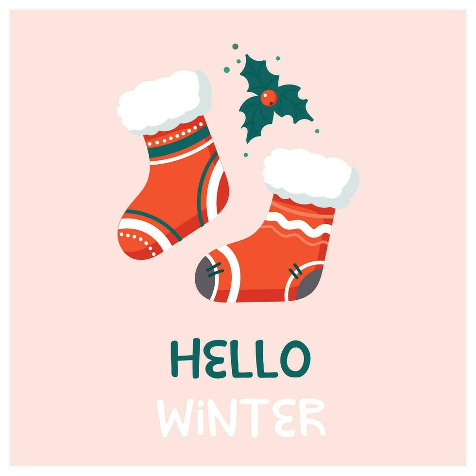 Hello winter greeting card with socks vector