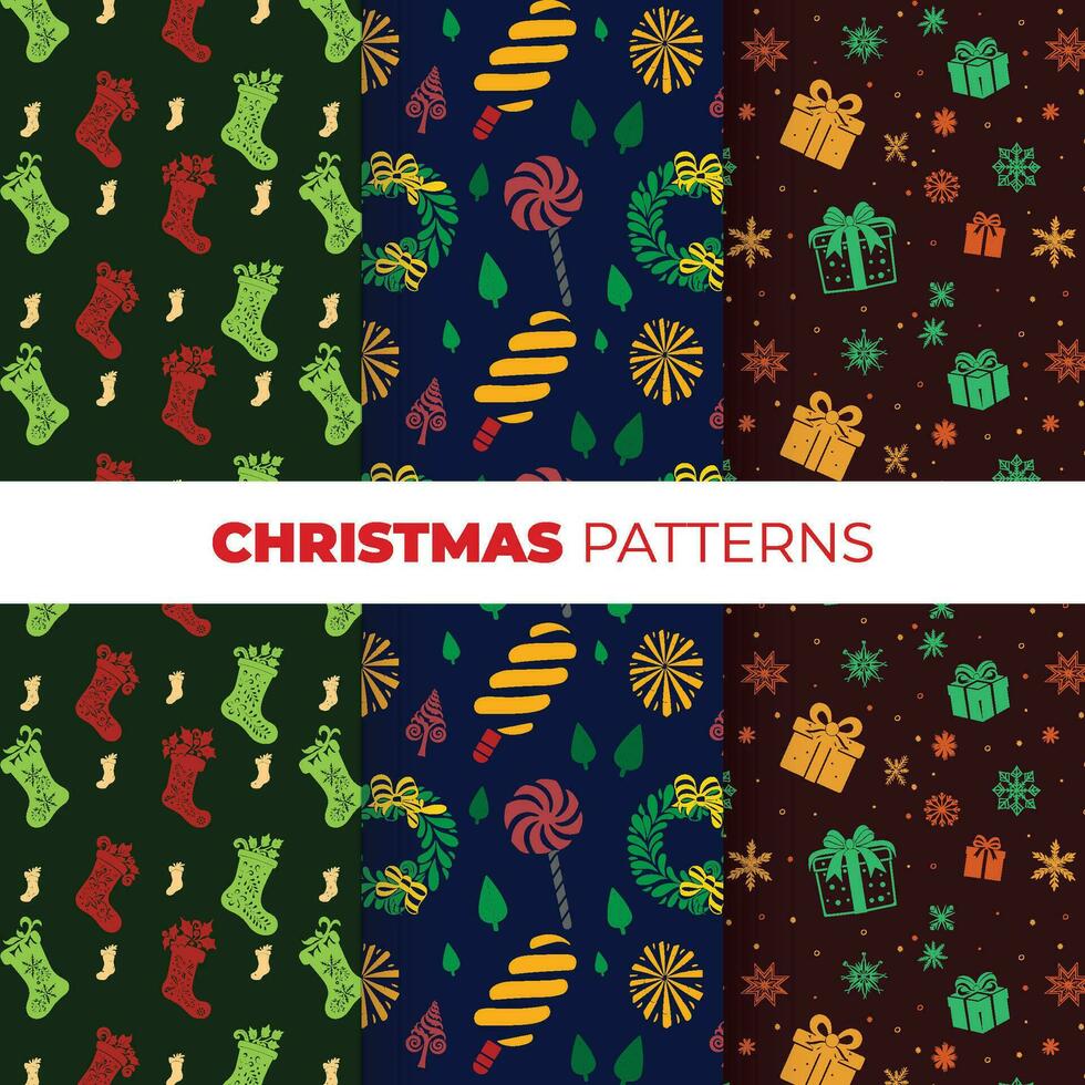 festivo Navidad patrones, dibujado a mano medias, regalos, y caramelo bastones vector