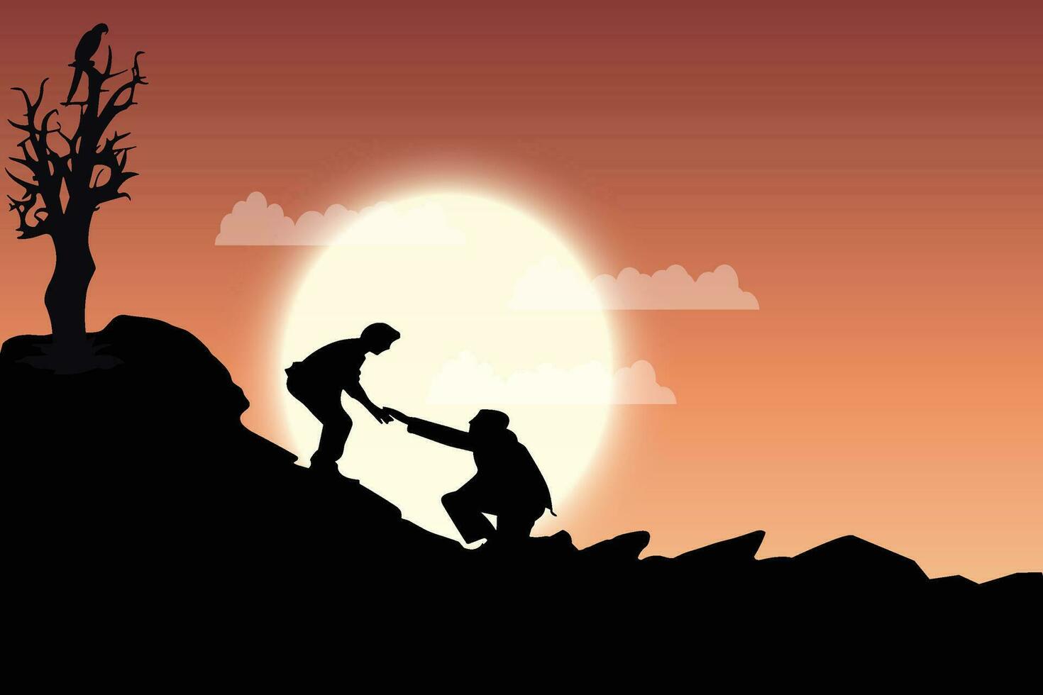 Silhouette of Two People Helping Each Other Climb a Rocky Mountain Against a Beautiful Sunset vector