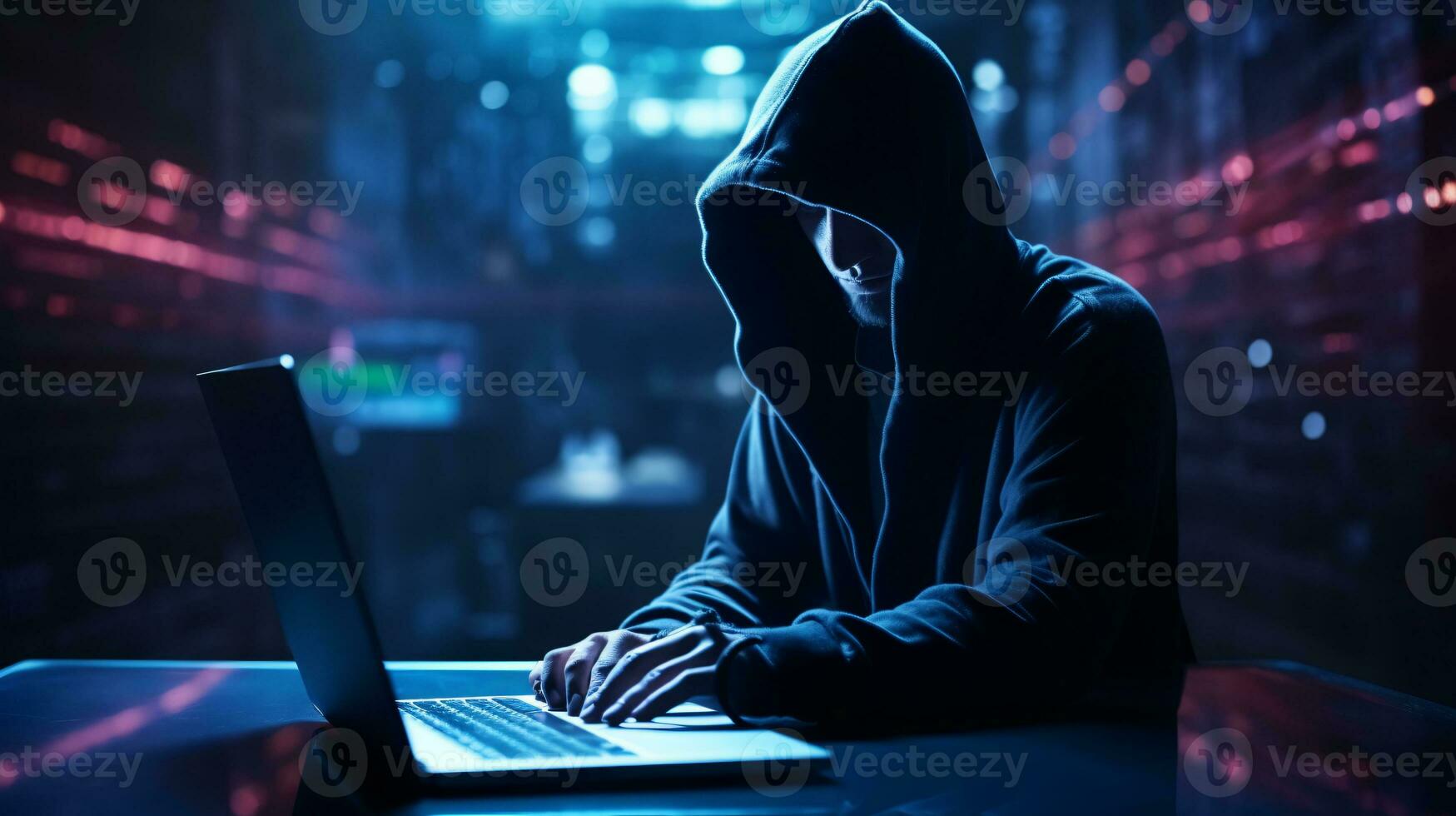 cybersecurity vulnerability and hacker, coding, malware concept. Hooded computer hacker in cybersecurity vulnerability on server room background. Ai generative photo
