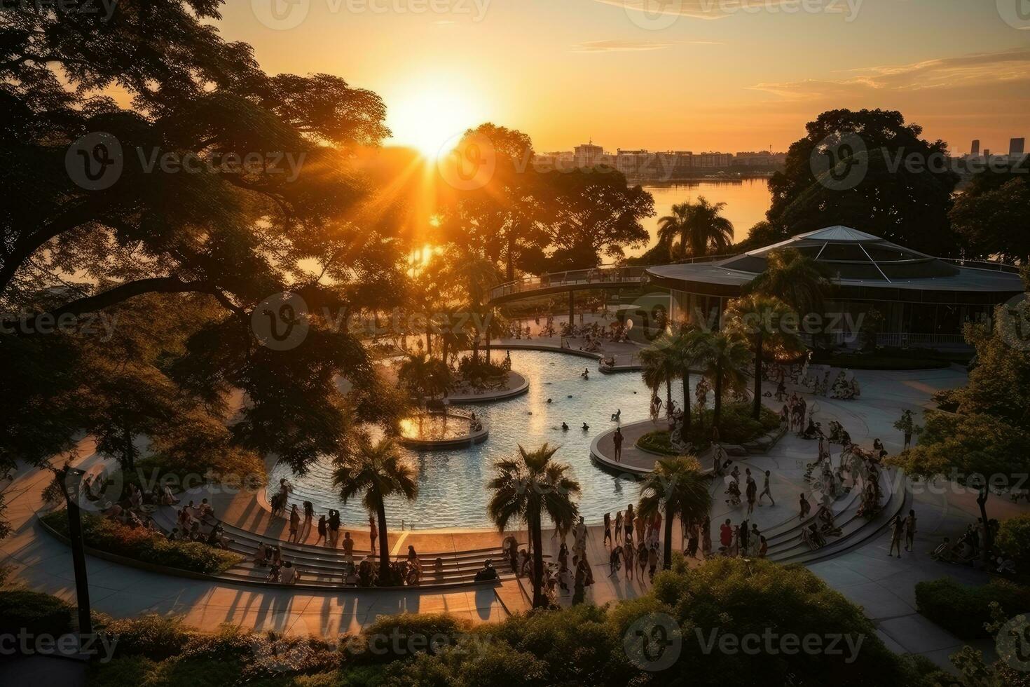 a park in a bustling city with wide open space flower fields AI Generated photo