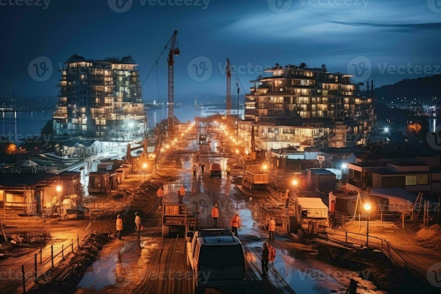 construction site situation during working time night view professional photography AI Generated photo