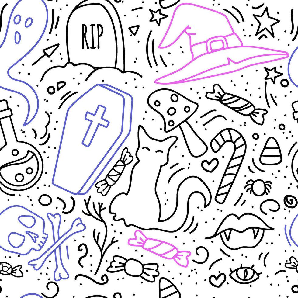 Doodle Halloween seamless pattern. cat, witch hat, ghost, vampire lips, grave, scull. Occult stuff for fall celebration. vector