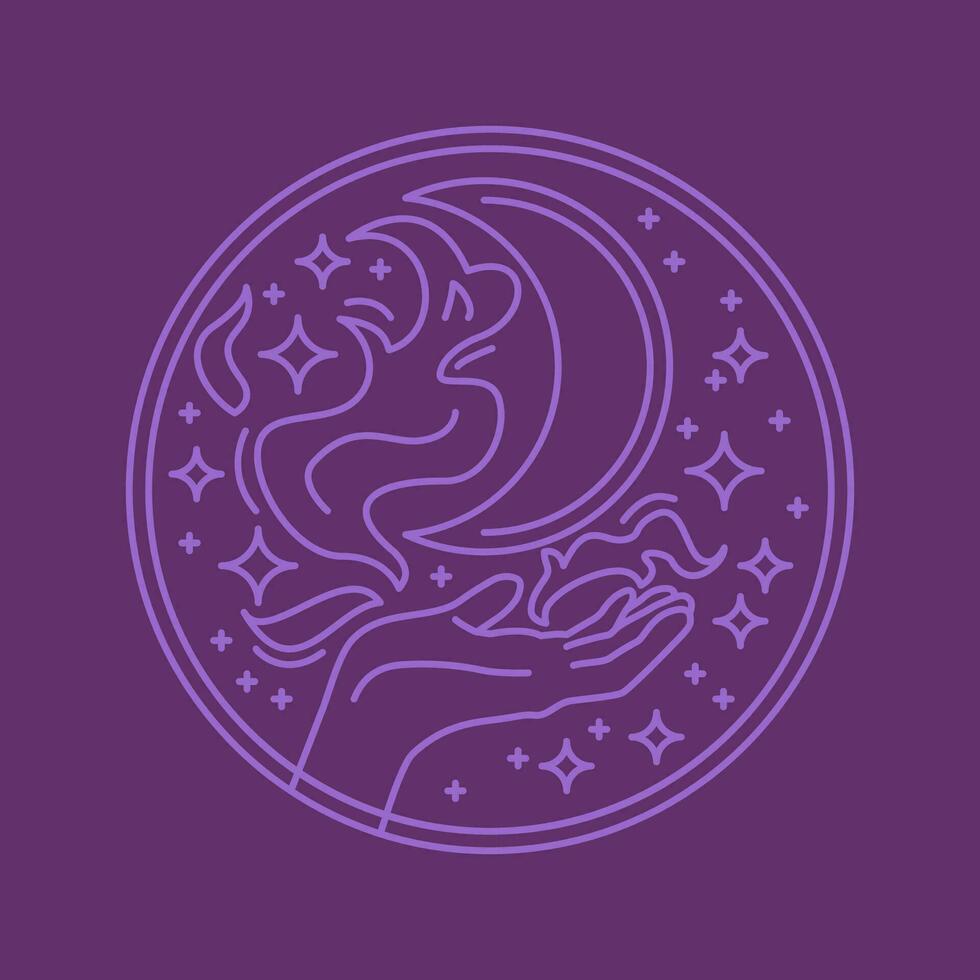 Mystical violet boho logo. Hand with magic, moon and stars in the sky round shape aesthetic icon. vector