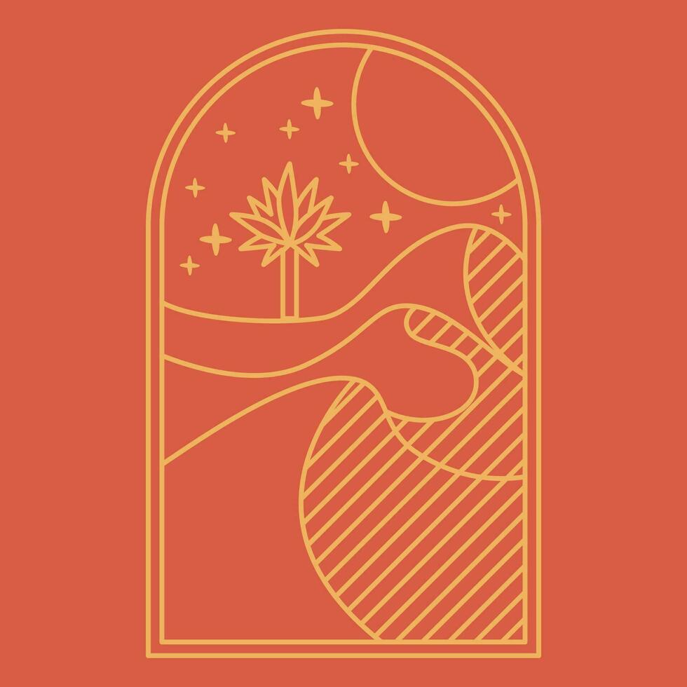 Desert oasis orange boho logo. sand, moon, palm, stars landscape aesthetic icon. vector