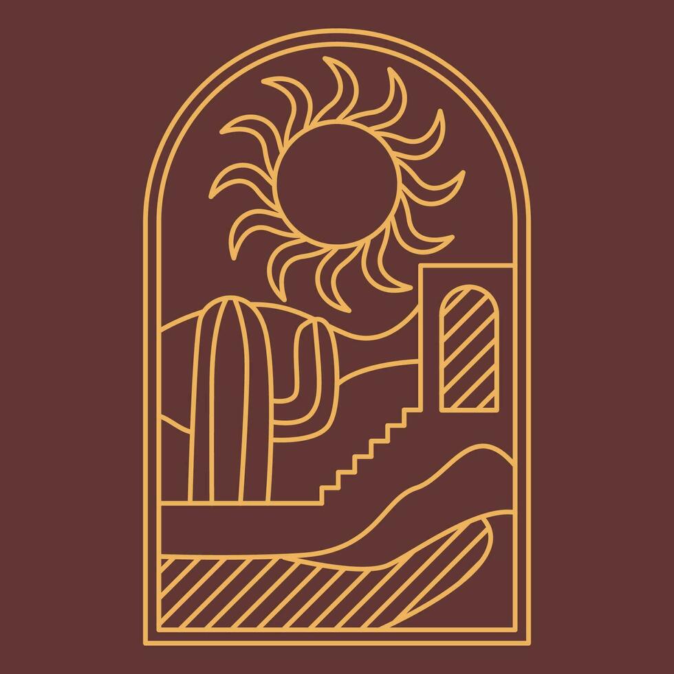 Desert with cactus and sun and arabinan architecture boho logo. sand, sunset, palm landscape aesthetic icon. vector