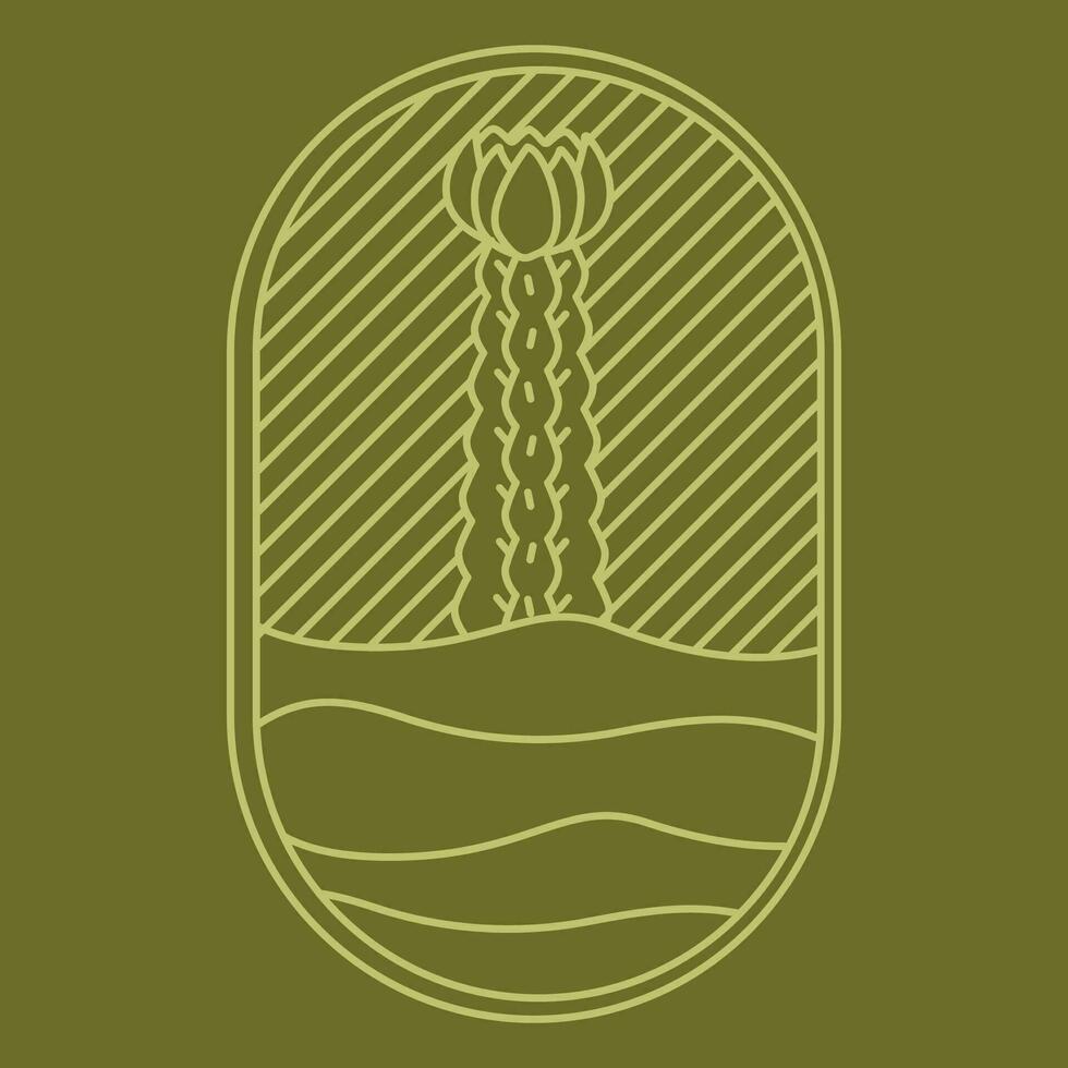 Desert cactus in the sand khaki boho landscape aesthetic icon. Stock vector illustration isolated on white background in line style.
