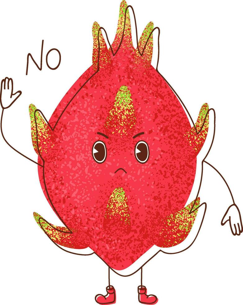 An illustration of a dragon fruit raising its hand in a no gesture, conveying a clear message. vector