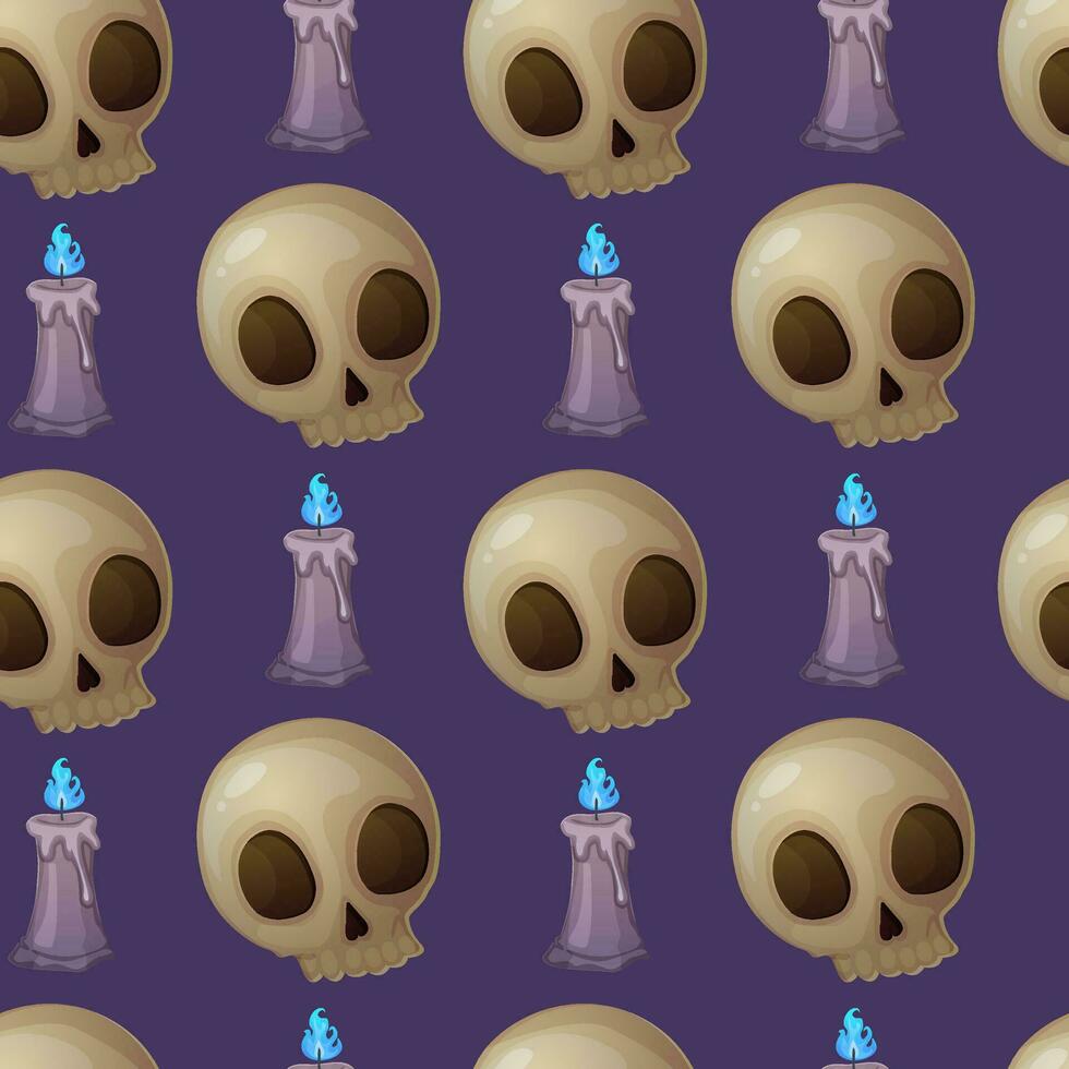 Halloween skull and candle seamless pattern on purple background. vector