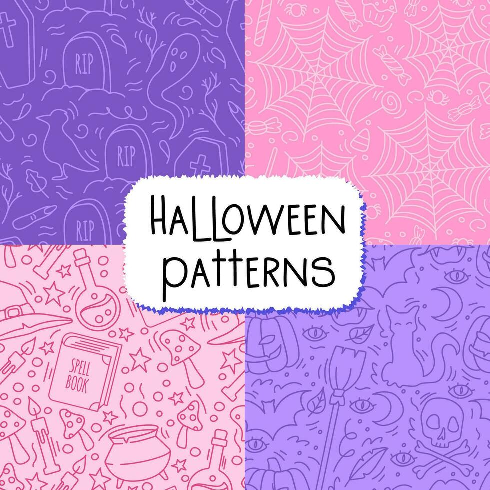 Set of Seamless purple pink Halloween patterns. Witchcraft spooky enventory. vector