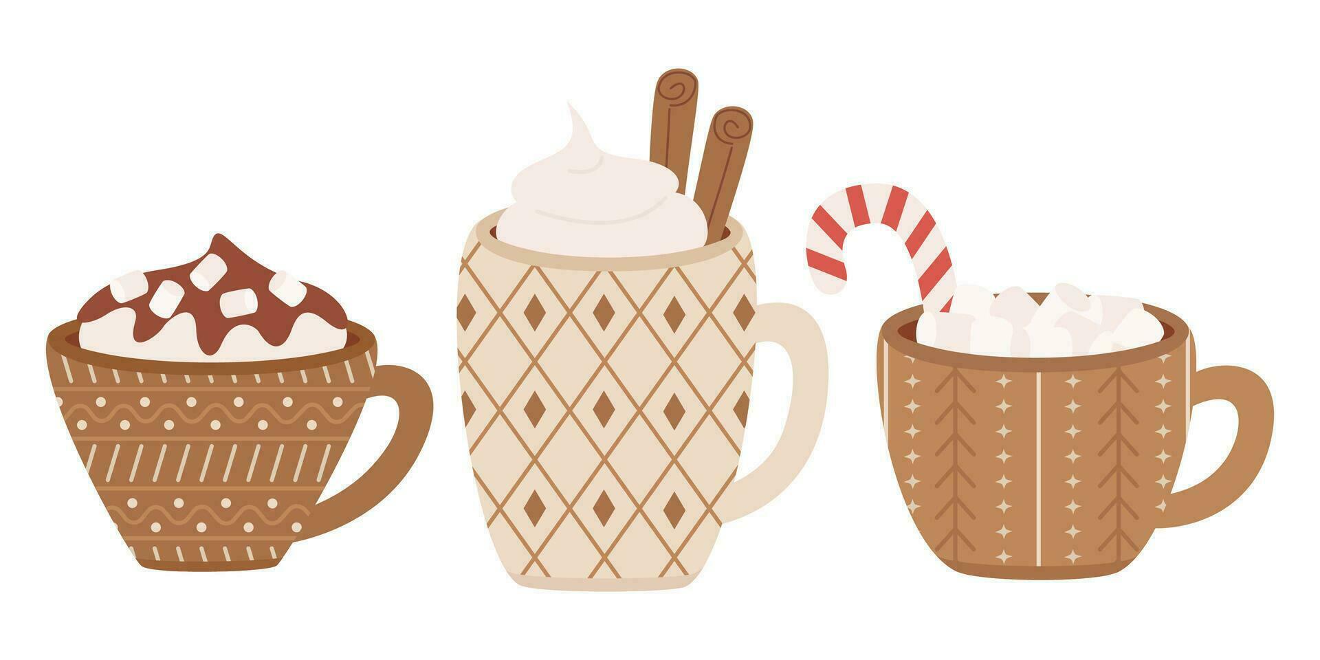 conjunto de tazas con Malvaviscos, crema, chocolate, caramelo caña, canela palos tazas con caliente bebidas vector