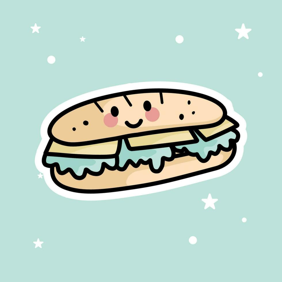 Cute Kawaii Sandwich is isolated on a green background vector