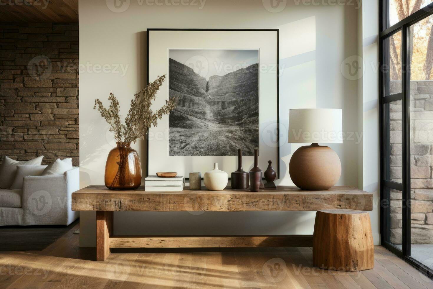 large artwork in center of entryway table AI Generated photo