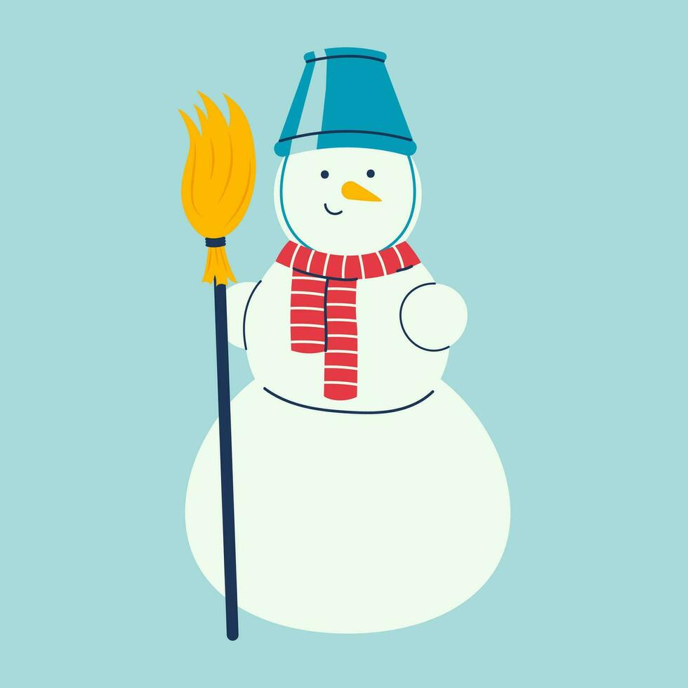 Snowman character with bucket on head and broom in hand vector