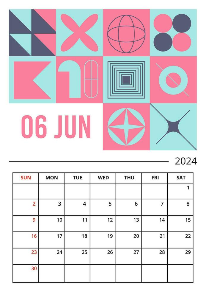 Planner vertical page on June 2024 year template of Brutalist style design vector