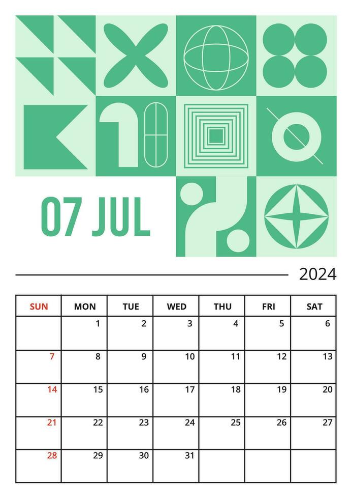 Planner vertical page on July 2024 year template of Brutalist style design vector