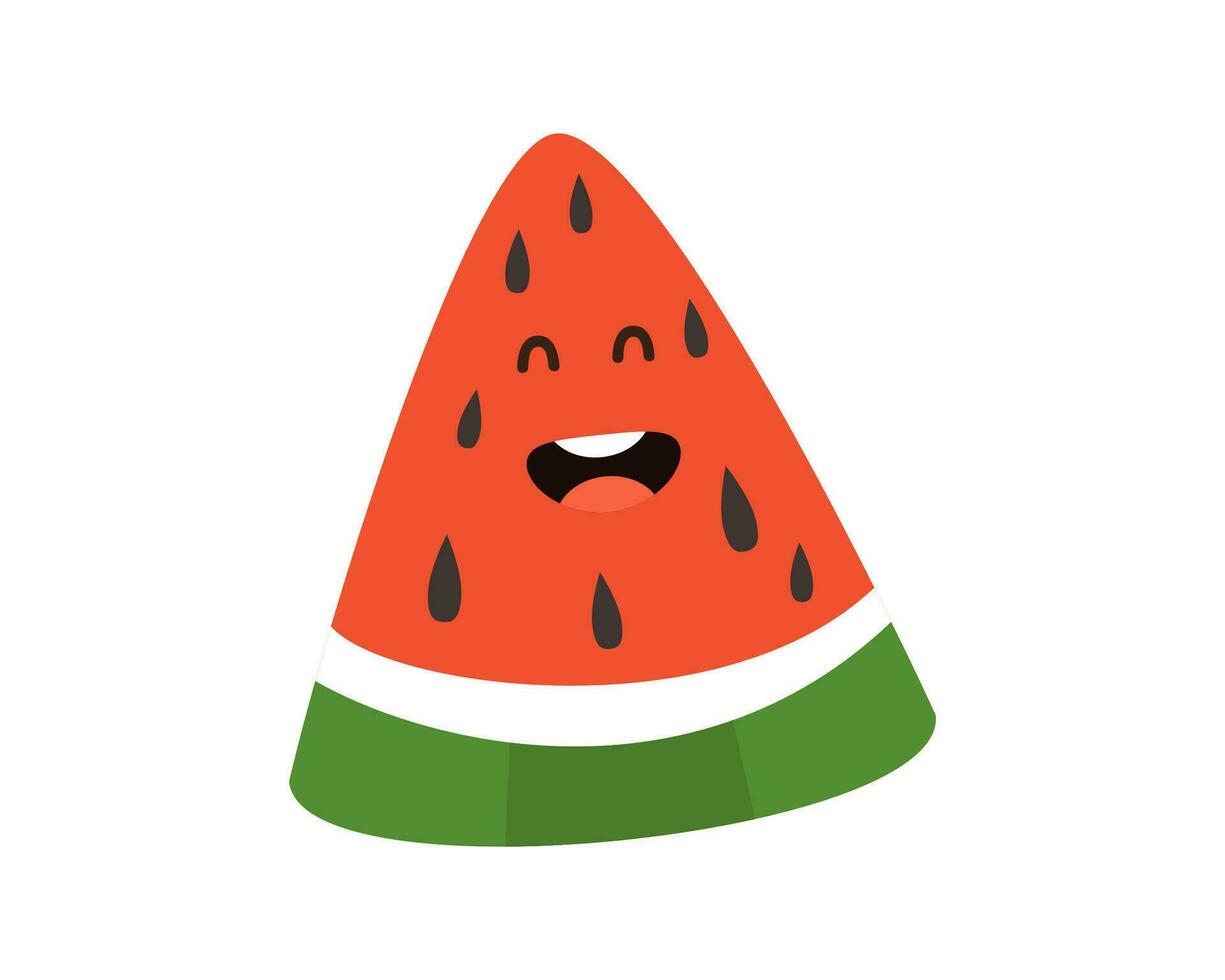 Happy watermelon slice character. Cute comic baby fruit smiling face emotion vector