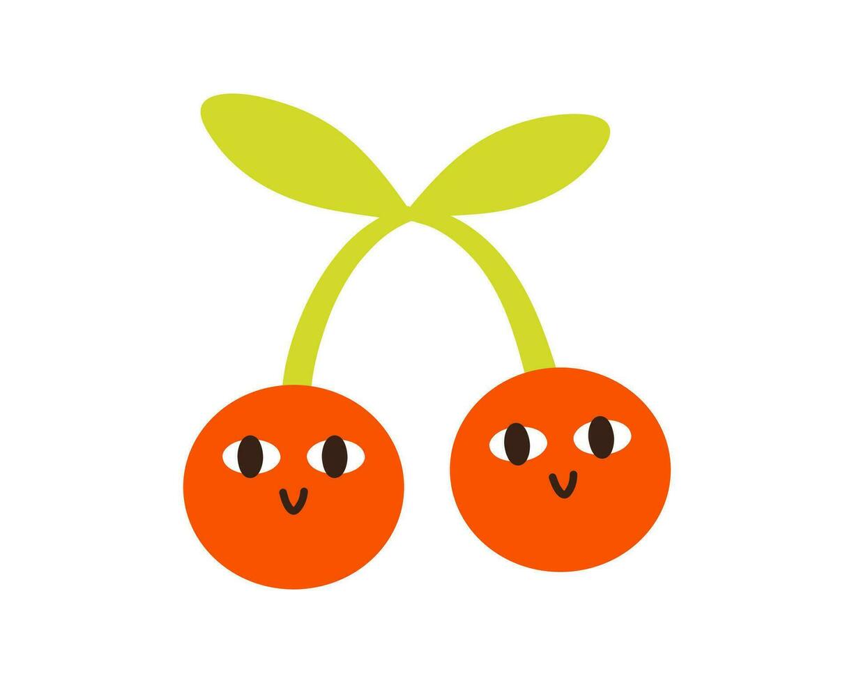 Two happy cherries on branch. Cute comic character berry smiling face emotion vector