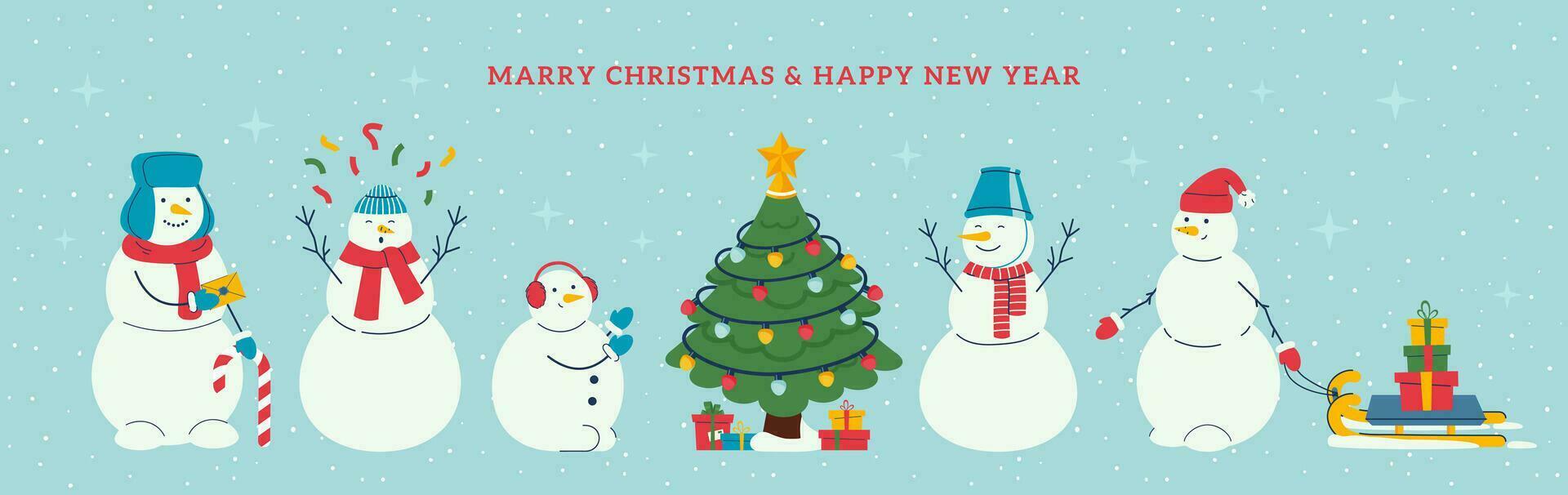 Merry Christmas and New Year banner with cute happy snowmen, fir tree, snow vector