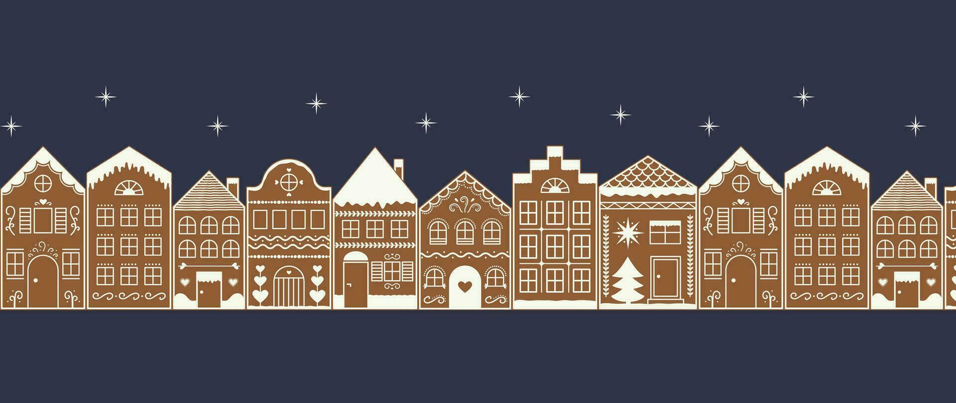 Night Cityscape Gingerbread Village seamless border vector