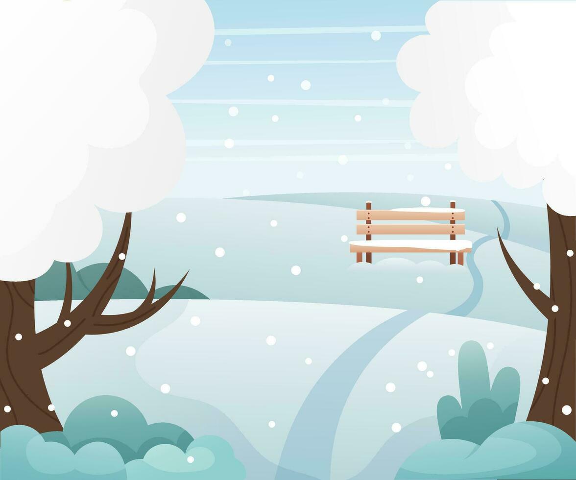 Winter landscape with trees, bushes, road, field, bench. Seasonal park. Vector illustration in flat style