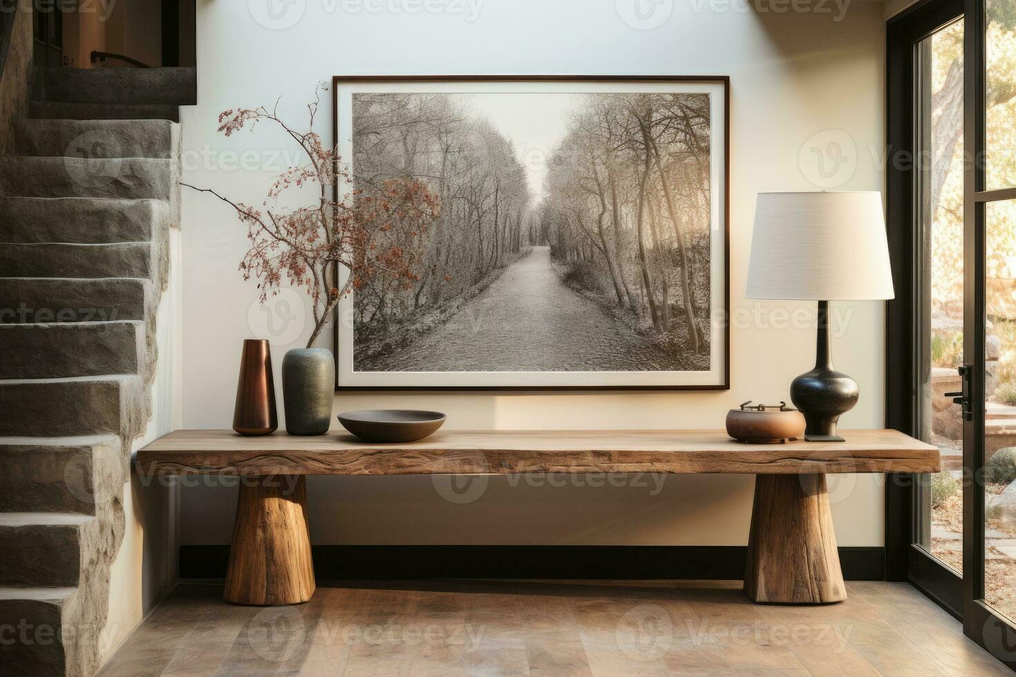 large artwork in center of entryway table AI Generated photo