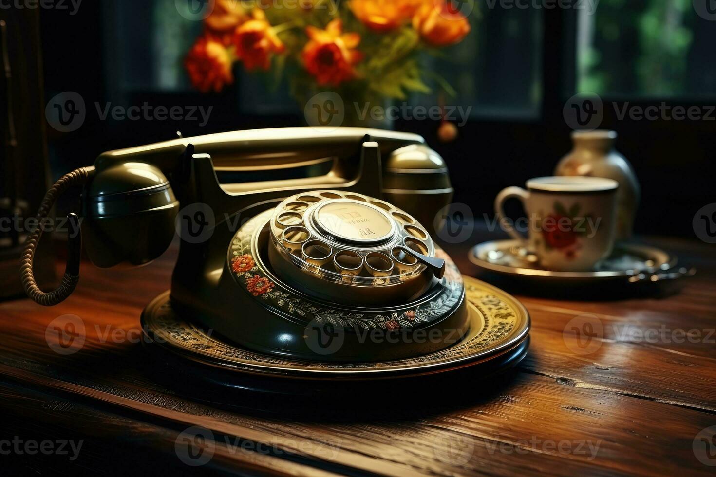 antiguo teléfono en mesa Clásico estilo ai generado foto