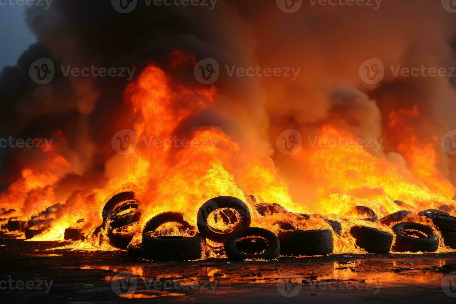the condition of car tires burning on the road professional advertising photography AI Generative photo