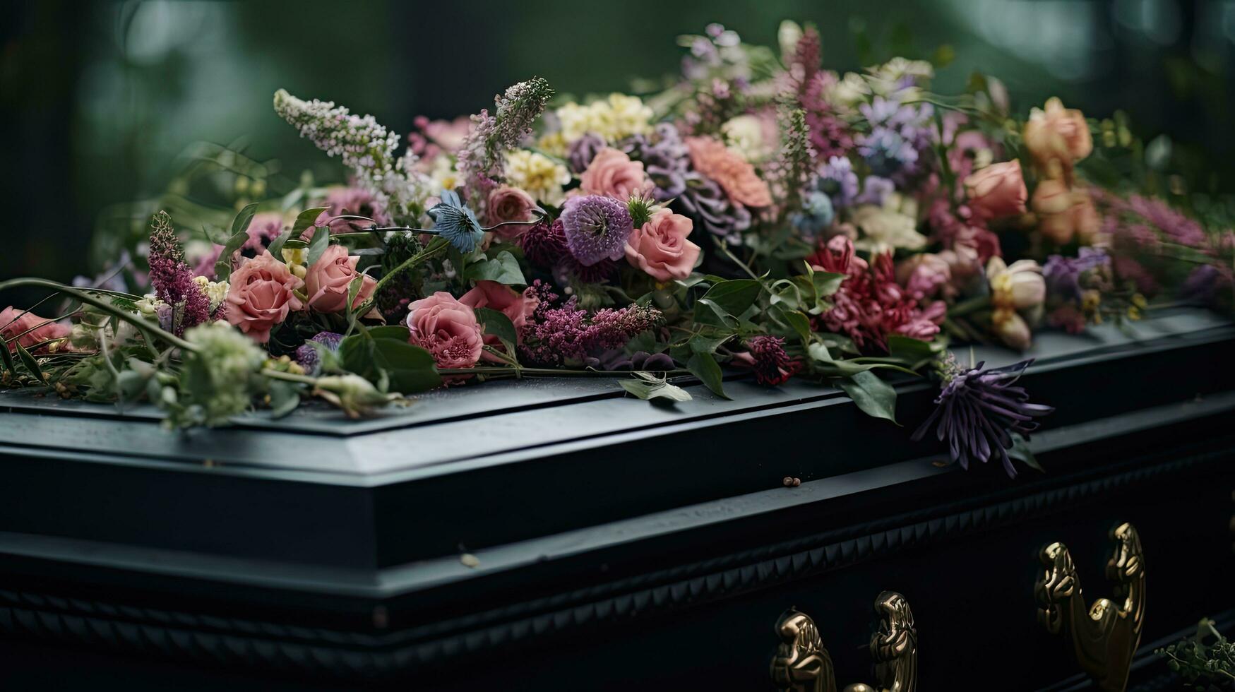 Dark coffin with flowers, funeral ceremony and farewell. Generative AI photo