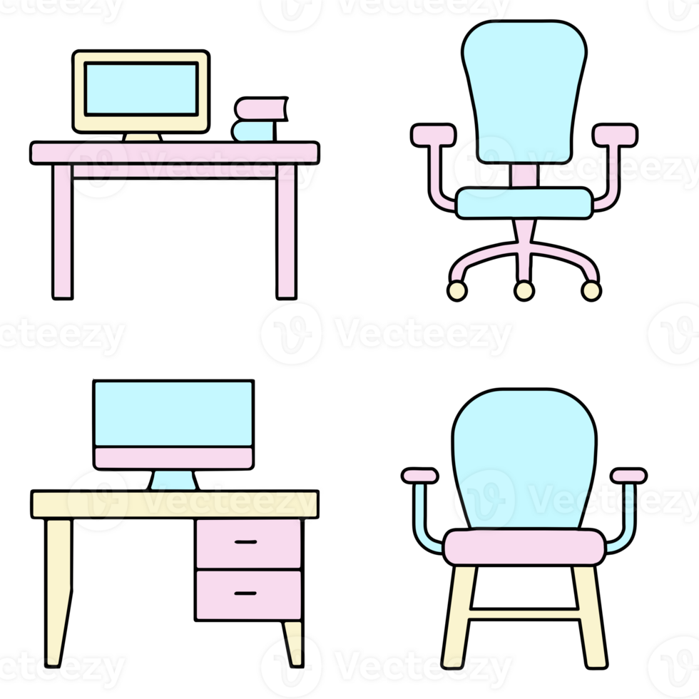 Icon set table desk with computer chair cute doll house furniture colors png